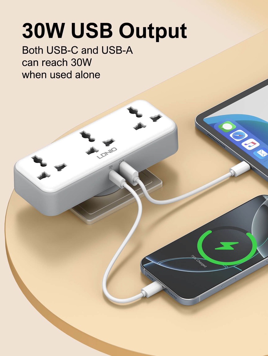 لادنيو  باور سوكيت 3 أوت ليت + 2 مخرج تايب - سي + يو إس بي - إيه 2500وات - LDNIO Power Socket 3 OUTLET+ 2 Port  (Type -C+ USB-A) (2500W) Model:SC3317