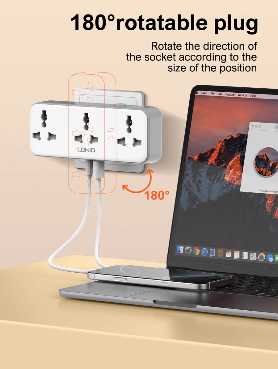 لادنيو  باور سوكيت 3 أوت ليت + 2 مخرج تايب - سي + يو إس بي - إيه 2500وات - LDNIO Power Socket 3 OUTLET+ 2 Port  (Type -C+ USB-A) (2500W) Model:SC3317