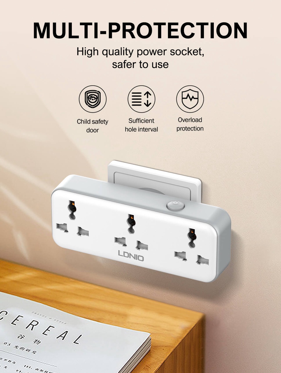 لادنيو  باور سوكيت 3 أوت ليت + 2 مخرج تايب - سي + يو إس بي - إيه 2500وات - LDNIO Power Socket 3 OUTLET+ 2 Port  (Type -C+ USB-A) (2500W) Model:SC3317
