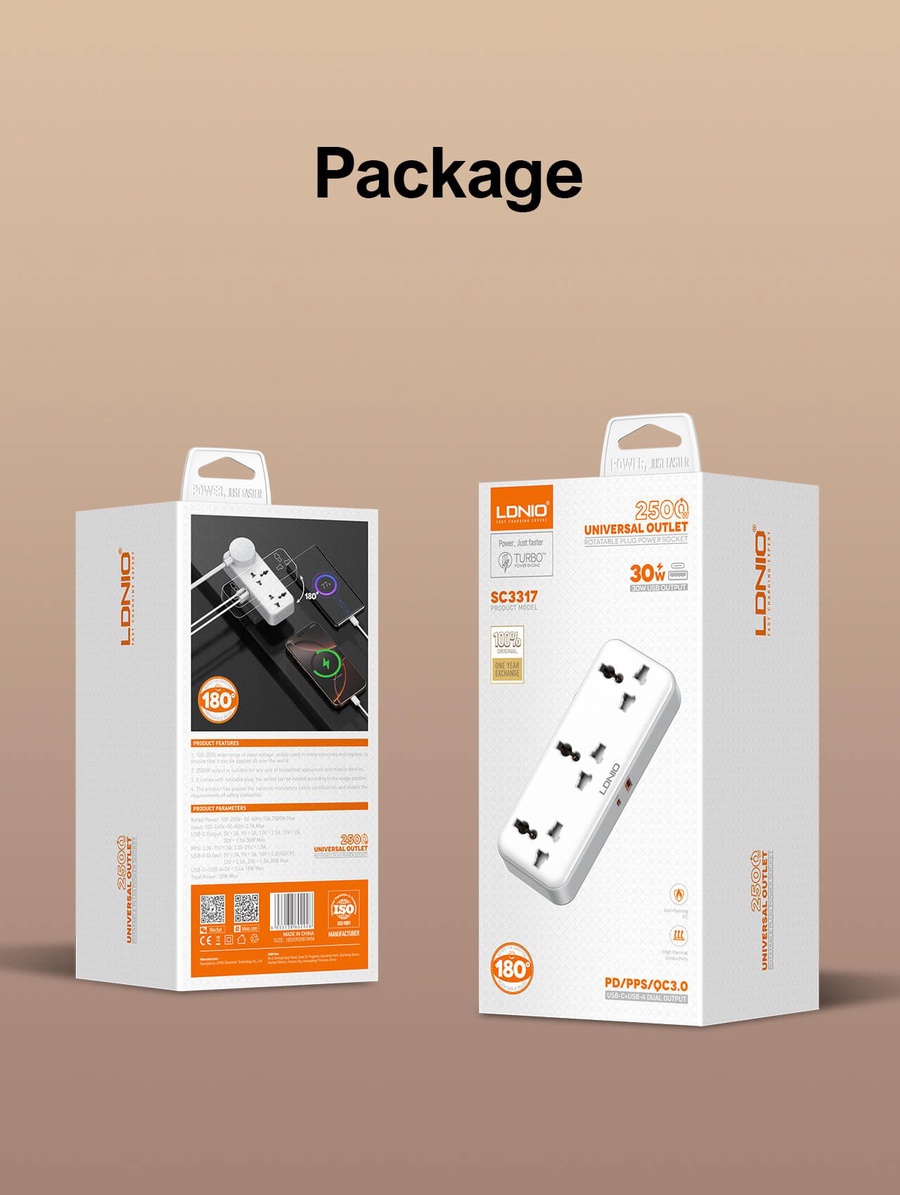 لادنيو  باور سوكيت 3 أوت ليت + 2 مخرج تايب - سي + يو إس بي - إيه 2500وات - LDNIO Power Socket 3 OUTLET+ 2 Port  (Type -C+ USB-A) (2500W) Model:SC3317