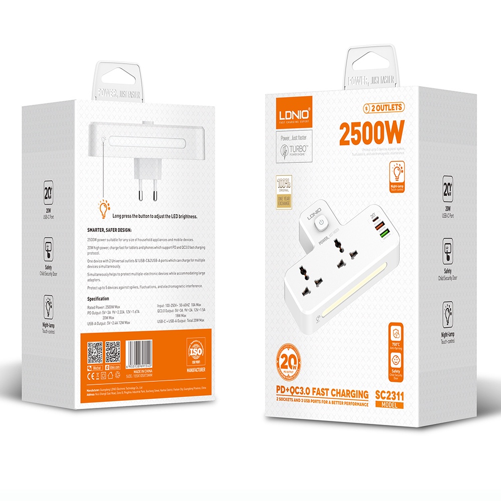 لادنيو باور سوكيت 2 أوت ليت + 3 مخارج 2 يو إس بي - إيه + 1 تايب - سي 2500وات- LDNIO Power Socket 2 OUTLET+ 3Port (2USB-A + 1Type -C) (2500W) Model:SC2311