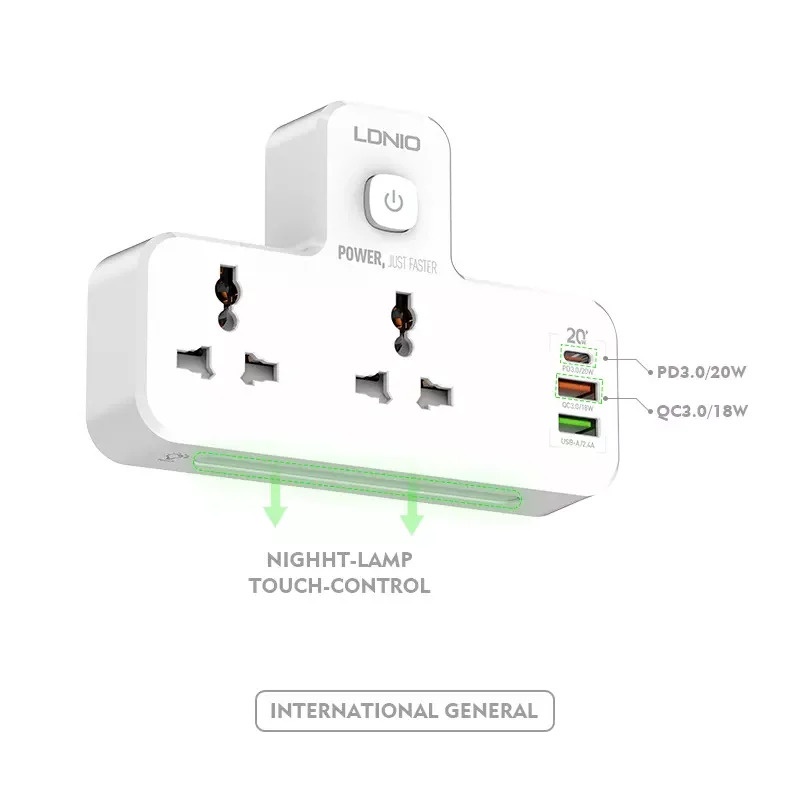 لادنيو باور سوكيت 2 أوت ليت + 3 مخارج 2 يو إس بي - إيه + 1 تايب - سي 2500وات- LDNIO Power Socket 2 OUTLET+ 3Port (2USB-A + 1Type -C) (2500W) Model:SC2311