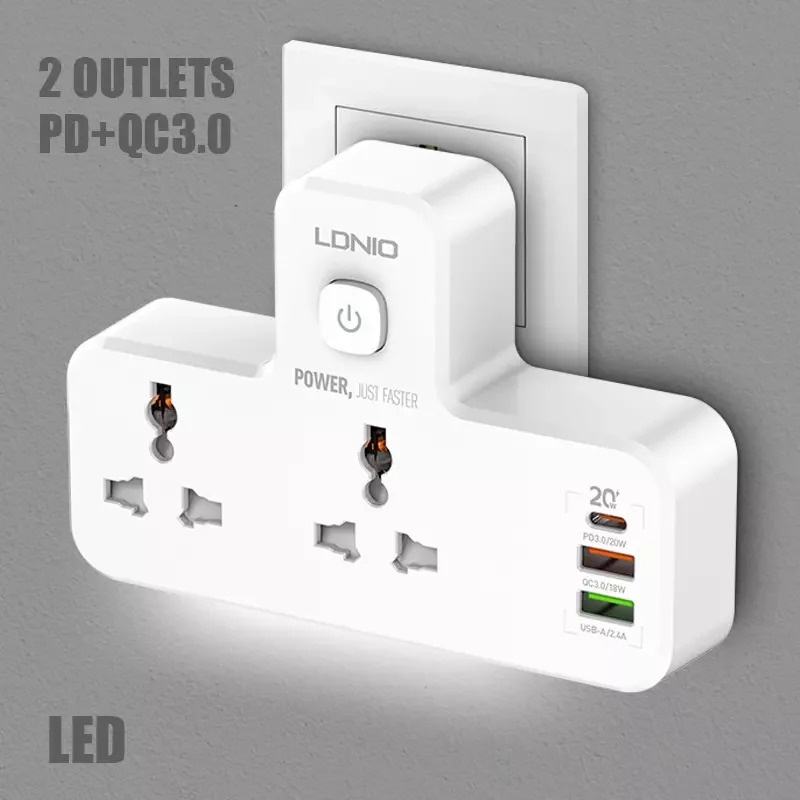 لادنيو باور سوكيت 2 أوت ليت + 3 مخارج 2 يو إس بي - إيه + 1 تايب - سي 2500وات- LDNIO Power Socket 2 OUTLET+ 3Port (2USB-A + 1Type -C) (2500W) Model:SC2311
