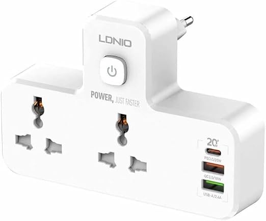 لادنيو باور سوكيت 2 أوت ليت + 3 مخارج 2 يو إس بي - إيه + 1 تايب - سي 2500وات- LDNIO Power Socket 2 OUTLET+ 3Port (2USB-A + 1Type -C) (2500W) Model:SC2311