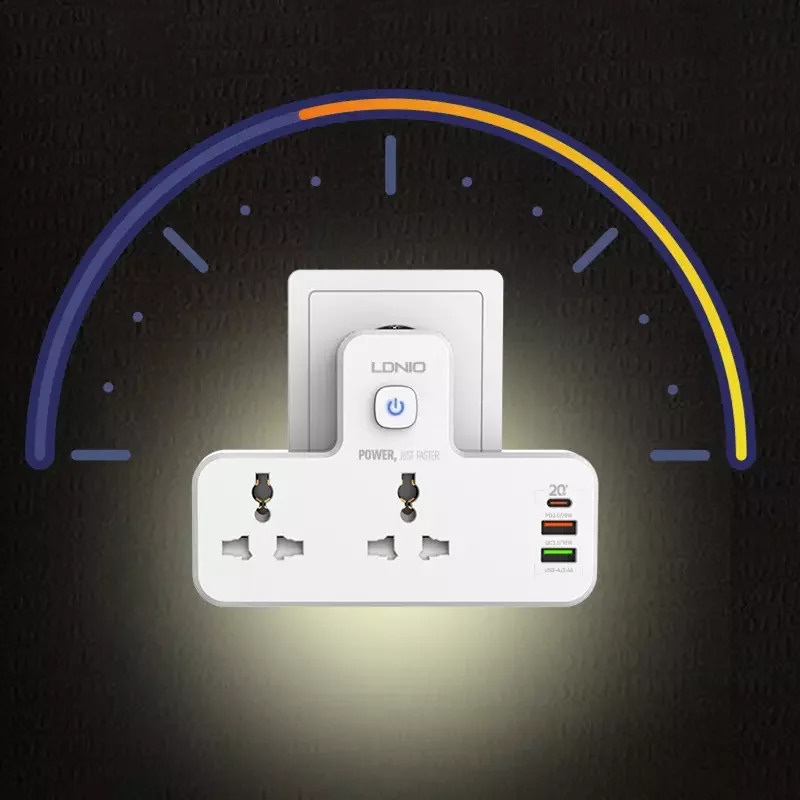 لادنيو باور سوكيت 2 أوت ليت + 3 مخارج 2 يو إس بي - إيه + 1 تايب - سي 2500وات- LDNIO Power Socket 2 OUTLET+ 3Port (2USB-A + 1Type -C) (2500W) Model:SC2311