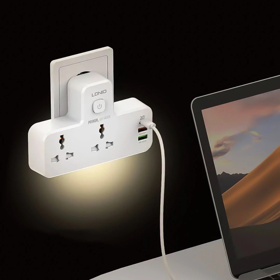 لادنيو باور سوكيت 2 أوت ليت + 3 مخارج 2 يو إس بي - إيه + 1 تايب - سي 2500وات- LDNIO Power Socket 2 OUTLET+ 3Port (2USB-A + 1Type -C) (2500W) Model:SC2311
