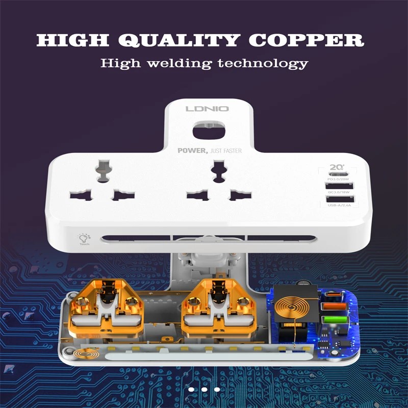 لادنيو باور سوكيت 2 أوت ليت + 3 مخارج 2 يو إس بي - إيه + 1 تايب - سي 2500وات- LDNIO Power Socket 2 OUTLET+ 3Port (2USB-A + 1Type -C) (2500W) Model:SC2311