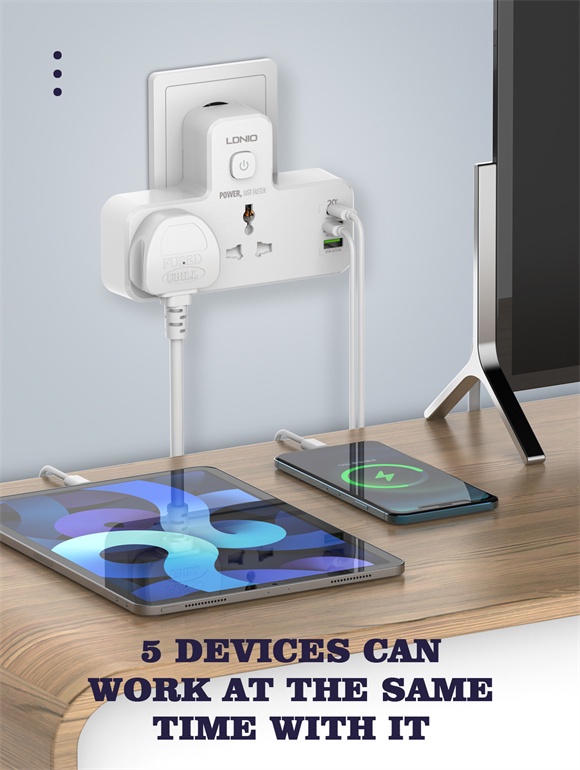 لادنيو باور سوكيت 2 أوت ليت + 3 مخارج 2 يو إس بي - إيه + 1 تايب - سي 2500وات- LDNIO Power Socket 2 OUTLET+ 3Port (2USB-A + 1Type -C) (2500W) Model:SC2311