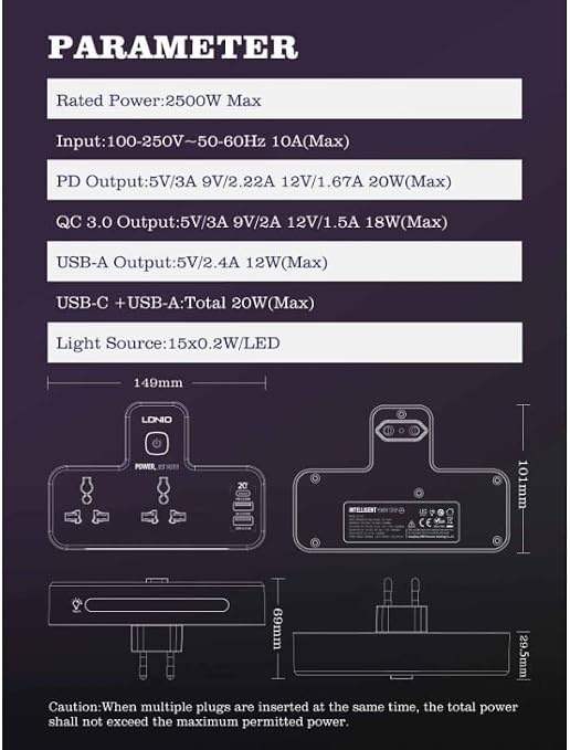 لادنيو باور سوكيت 2 أوت ليت + 3 مخارج 2 يو إس بي - إيه + 1 تايب - سي 2500وات- LDNIO Power Socket 2 OUTLET+ 3Port (2USB-A + 1Type -C) (2500W) Model:SC2311