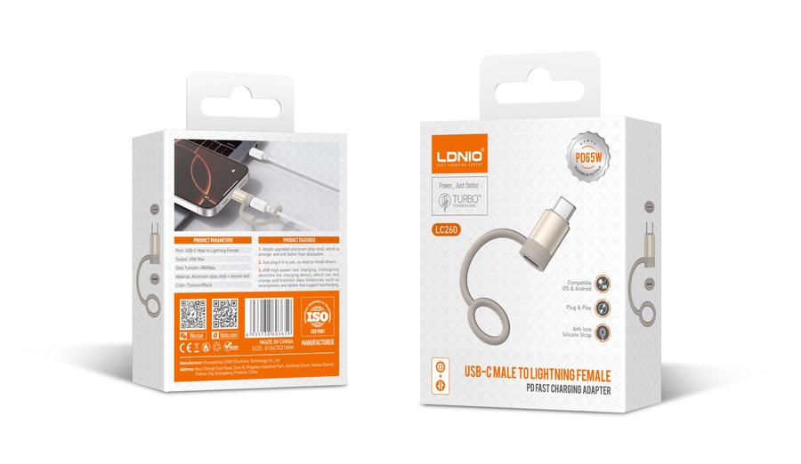 لادنيو بي دي فاست تشارجر أدبتور - تايب - سي ميل - تو - لايتينج فيميل -65وات- LDNIO PD Fast Charging Adapter - (Type - C Male TO Lightning Female) (65W) - LC260