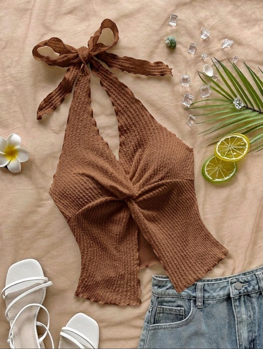 Tween Girl Casual Minimalist Comfortable Halter Neck Sleeveless Asymmetrical Hem Tank Top Tween Girl