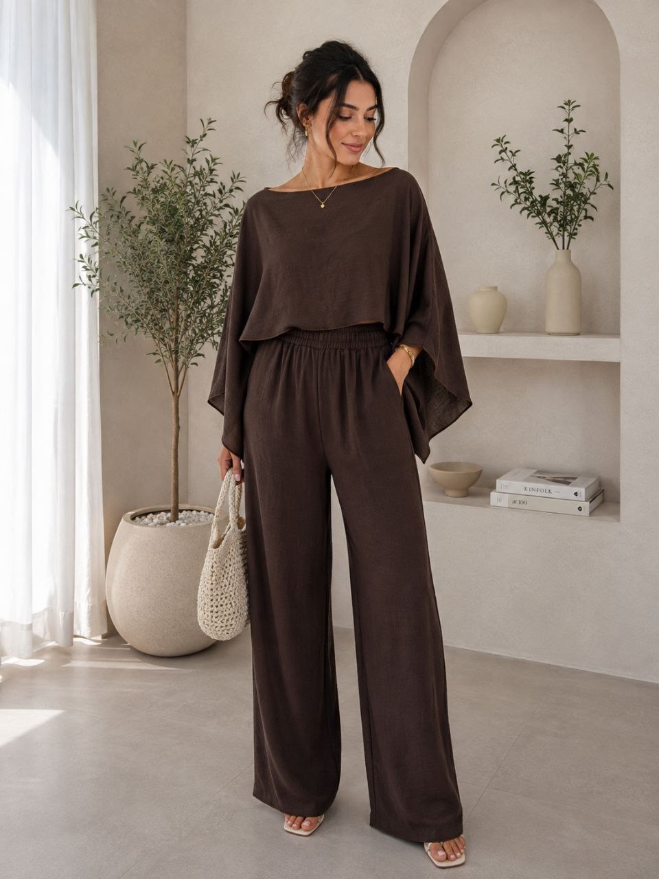 Women's 2 Piece Outfits Off Shoulder Loose Fit Top High Waist Wide Leg Pants Set Casual Boho Style for Daily Office Summer