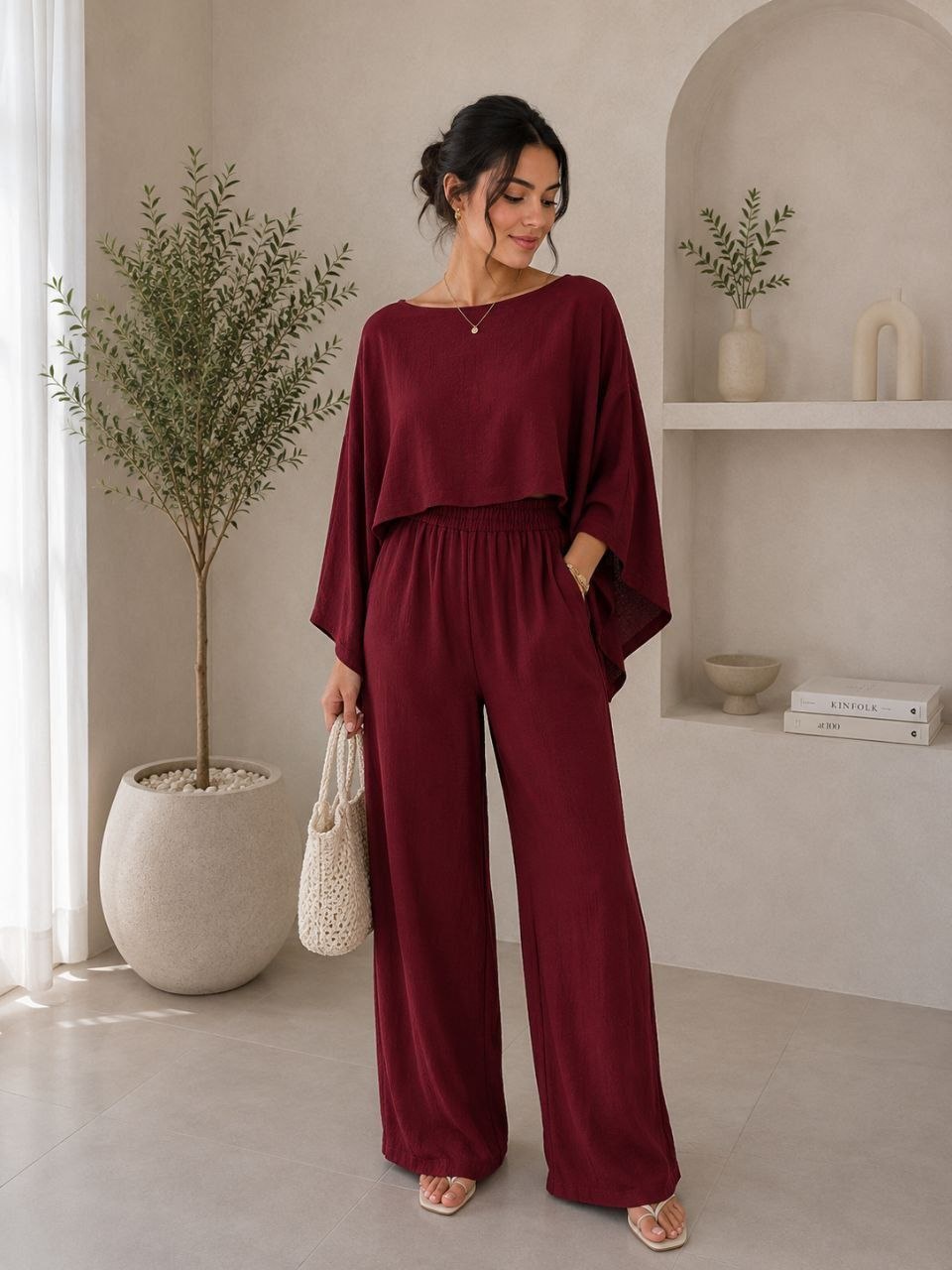 Women's 2 Piece Outfits Off Shoulder Loose Fit Top High Waist Wide Leg Pants Set Casual Boho Style for Daily Office Summer