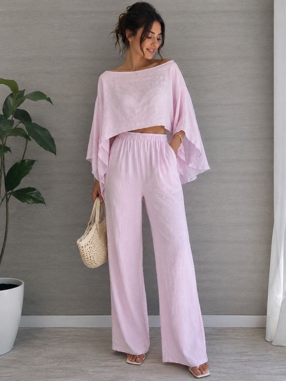 Women's 2 Piece Outfits Off Shoulder Loose Fit Top High Waist Wide Leg Pants Set Casual Boho Style for Daily Office Summer