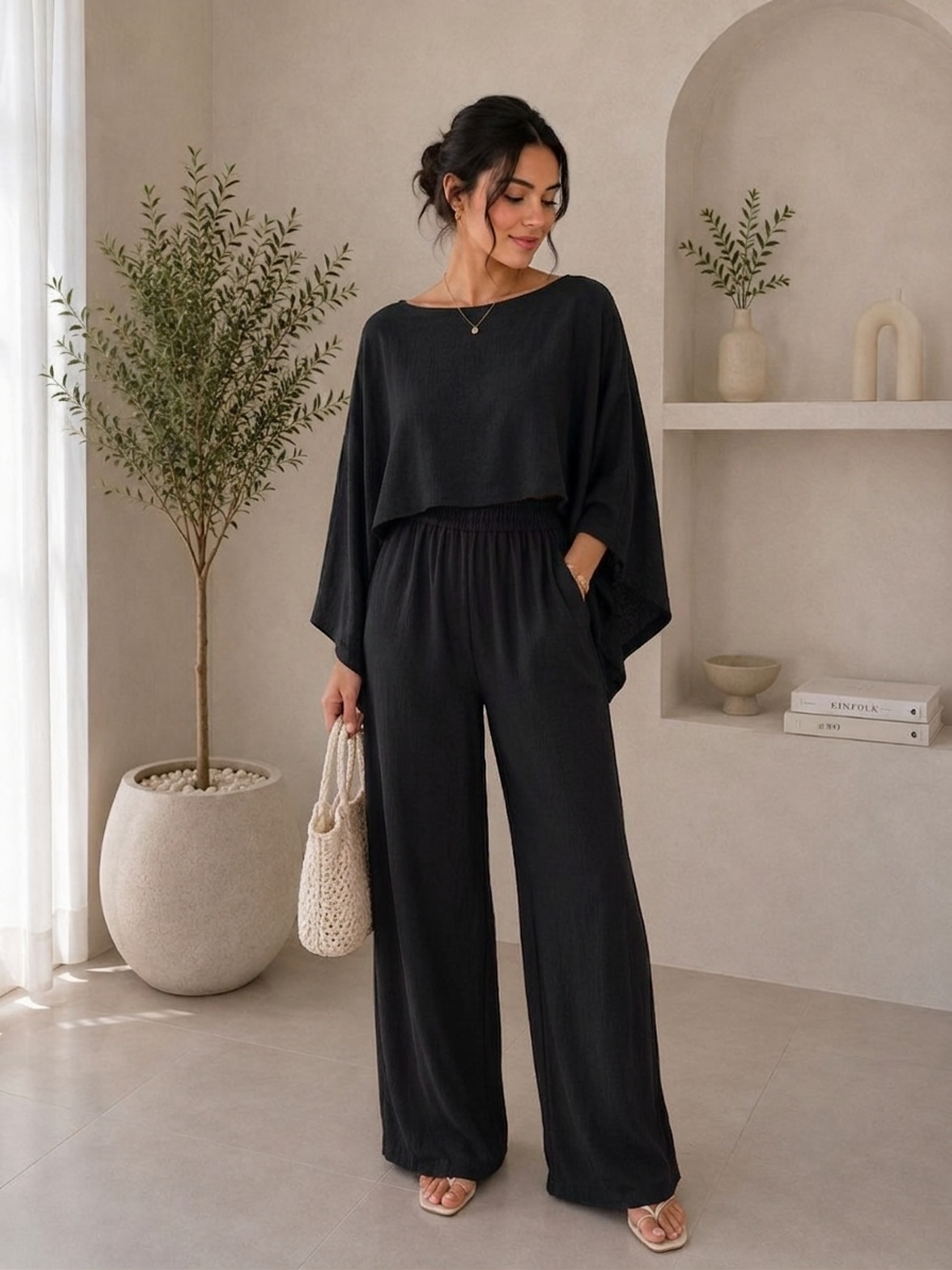 Women's 2 Piece Outfits Off Shoulder Loose Fit Top High Waist Wide Leg Pants Set Casual Boho Style for Daily Office Summer