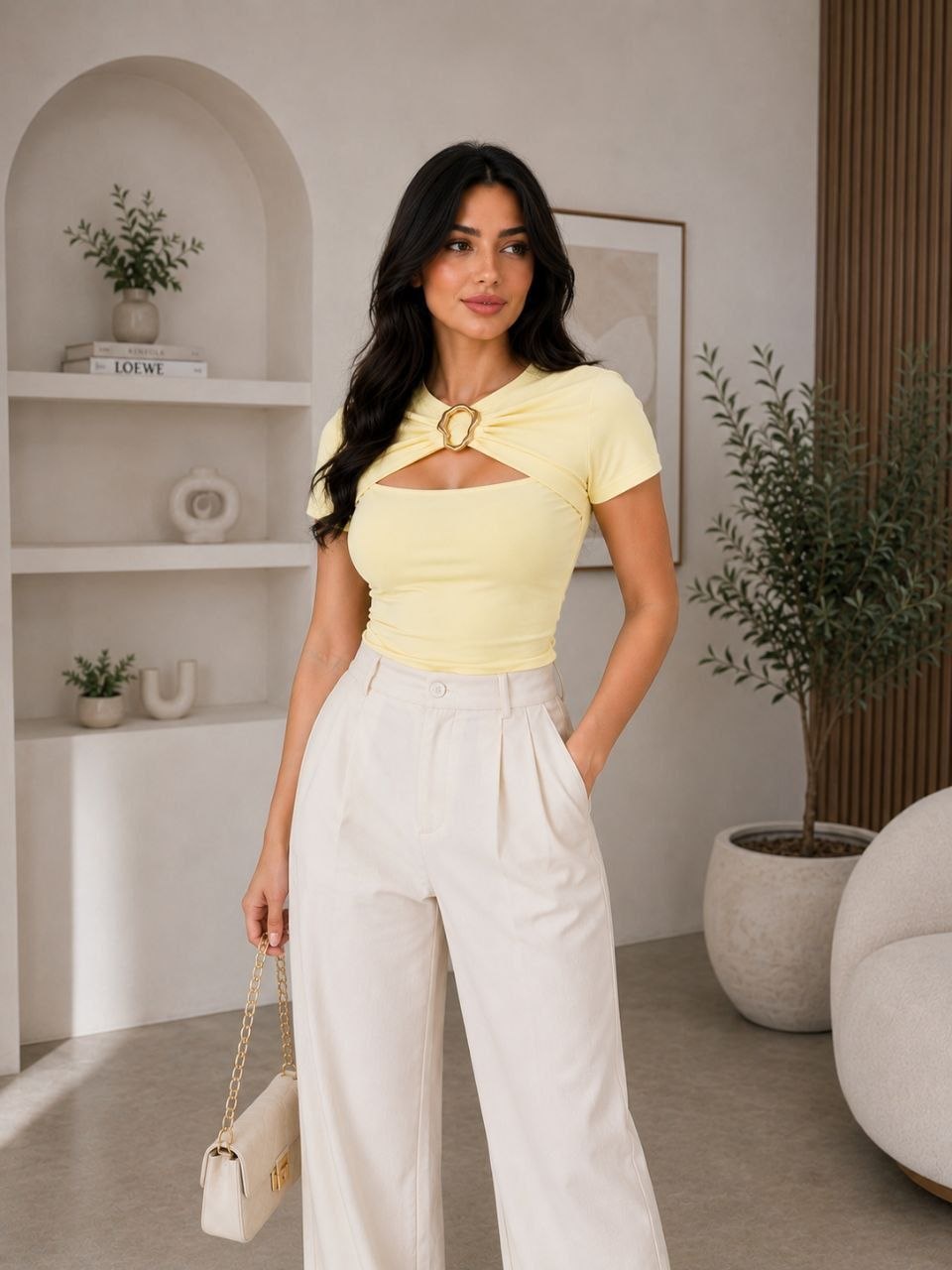 Women's Asymmetric Neck Short Sleeve Fitted Blouse Front Neck Hollow Out Metal Ring Decor, Minimalist & Elegant For Daily Wear, Spring/Summer