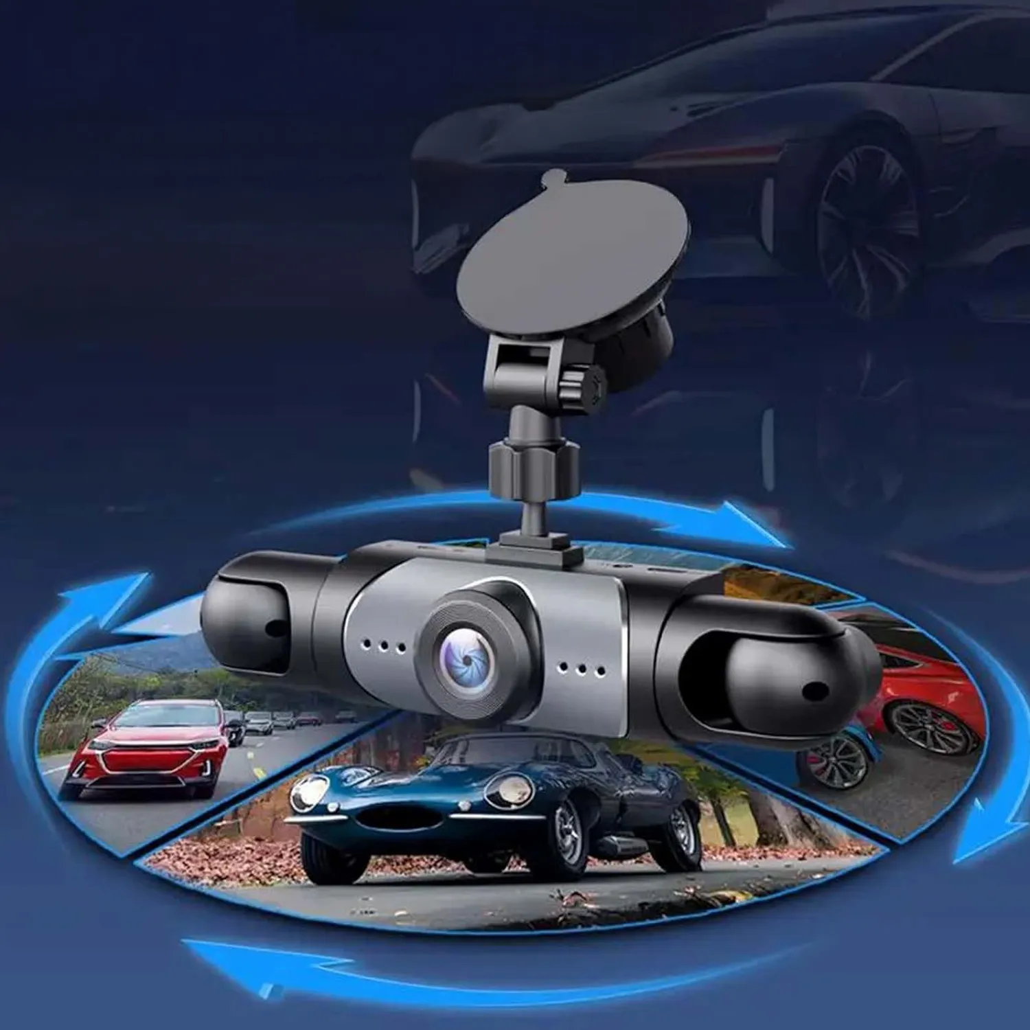 داش كام للسيارة 4 عدسات بدقة HD 1080P مزودة ببطارية قابلة للشحن مع واي فاي (WiFi) ورؤية ليلية - مقاومة للحرارة حتى 70° - سهلة التركيب بمقبس الولاعة (ضمان عامين)