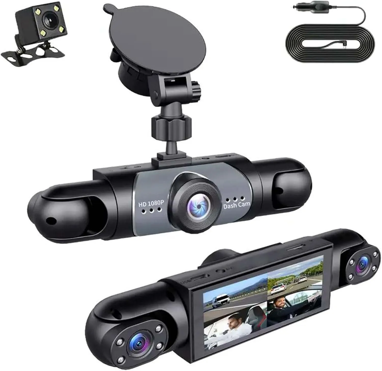 داش كام للسيارة 4 عدسات بدقة HD 1080P مزودة ببطارية قابلة للشحن مع واي فاي (WiFi) ورؤية ليلية - مقاومة للحرارة حتى 70° - سهلة التركيب بمقبس الولاعة (ضمان عامين)