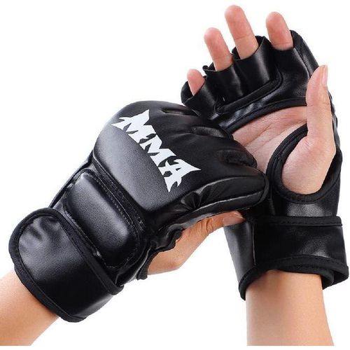 قفازات احترافية لتدريب MMA | قفازات ملاكمة وكيك بوكسينغ بدون أصابع | جلد صناعي أسود