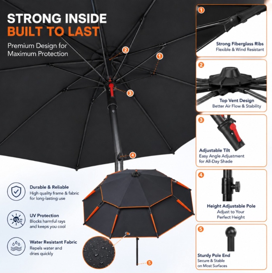 مظلة شاطئ كبيرة قابلة للإمالة – للتخييم والصيد والحماية من الشمس -Large Tilting Beach Umbrella – for Camping, Fishing & Sun Protection