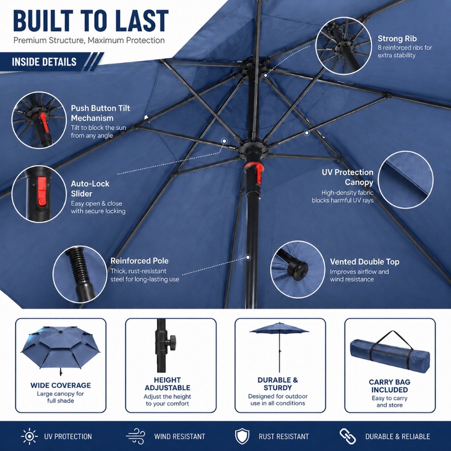 مظلة شاطئ كبيرة قابلة للإمالة – للتخييم والصيد والحماية من الشمس -Large Tilting Beach Umbrella – for Camping, Fishing & Sun Protection