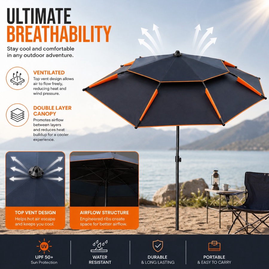 مظلة شاطئ كبيرة قابلة للإمالة – للتخييم والصيد والحماية من الشمس -Large Tilting Beach Umbrella – for Camping, Fishing & Sun Protection