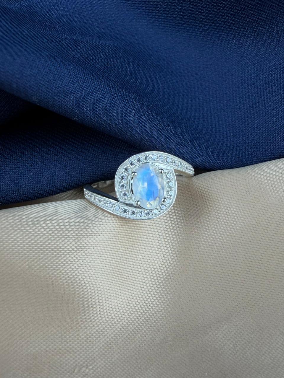 Moonstone 925 Silver Ring - IGI Certified - Swirl Halo Design