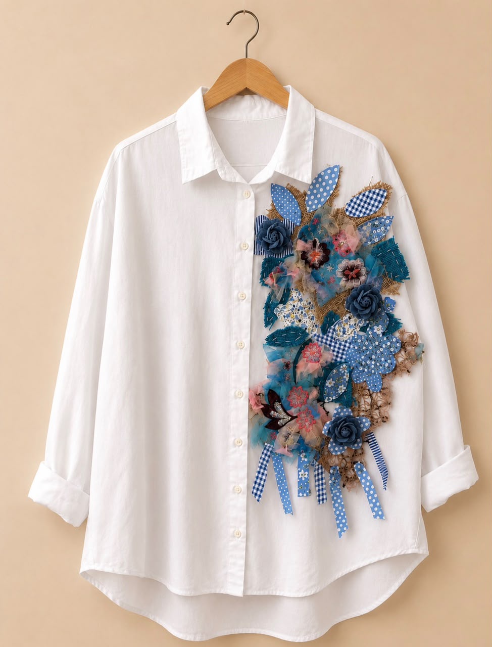 3D Floral Appliqué White Shirt