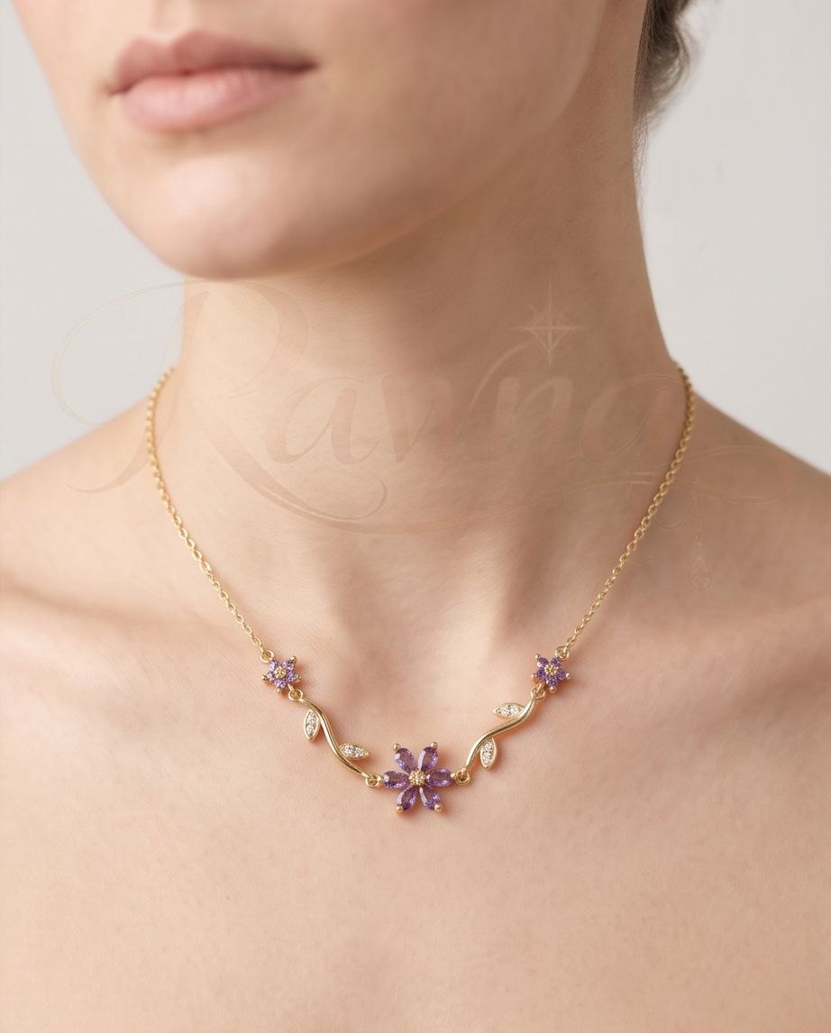RAWNQ Stainless Steel Floral Vine Necklace–Purple Crystal Flower