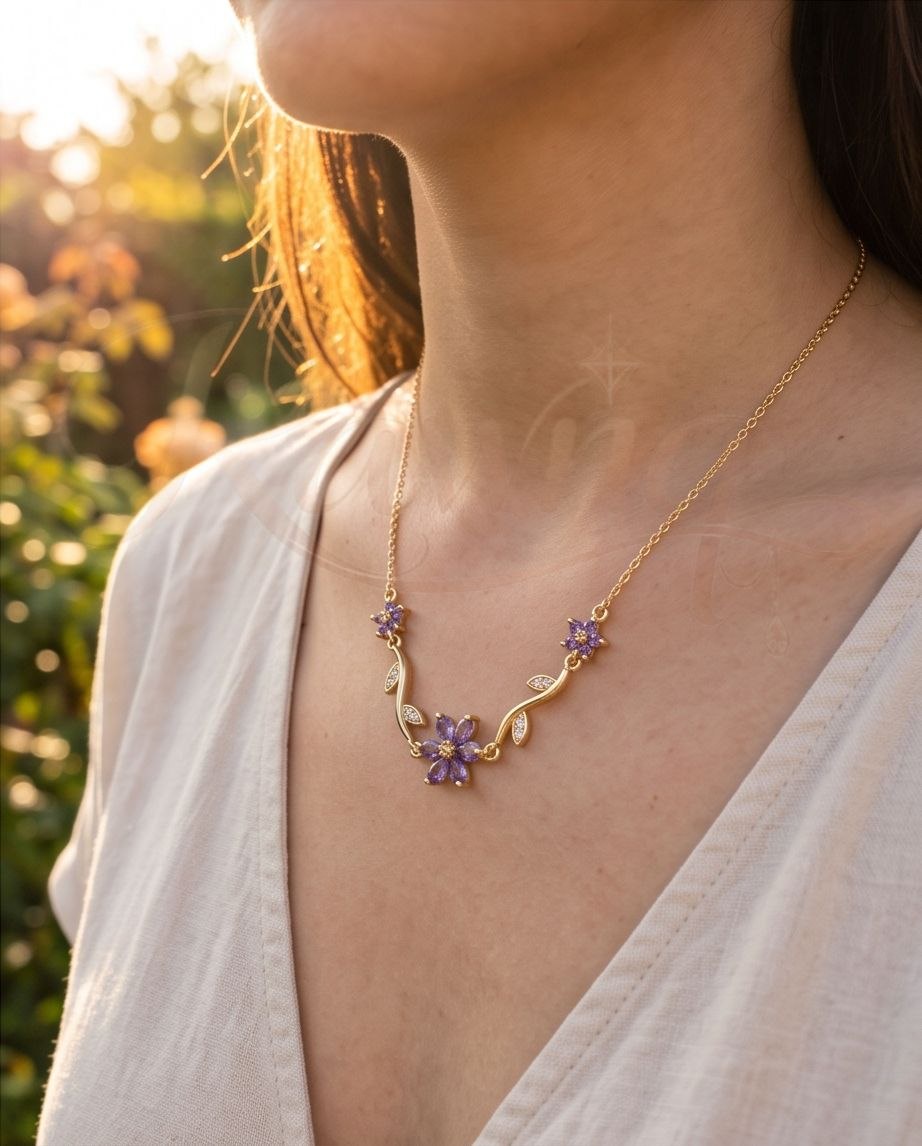 RAWNQ Stainless Steel Floral Vine Necklace–Purple Crystal Flower