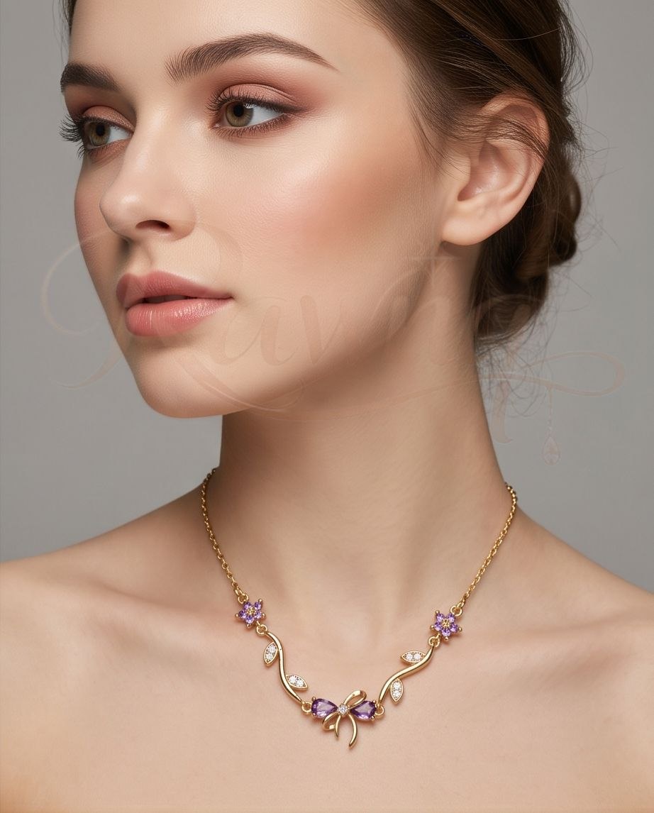 RAWNQ Stainless Steel Floral Bow Necklace–Purple Crystal Ribbon