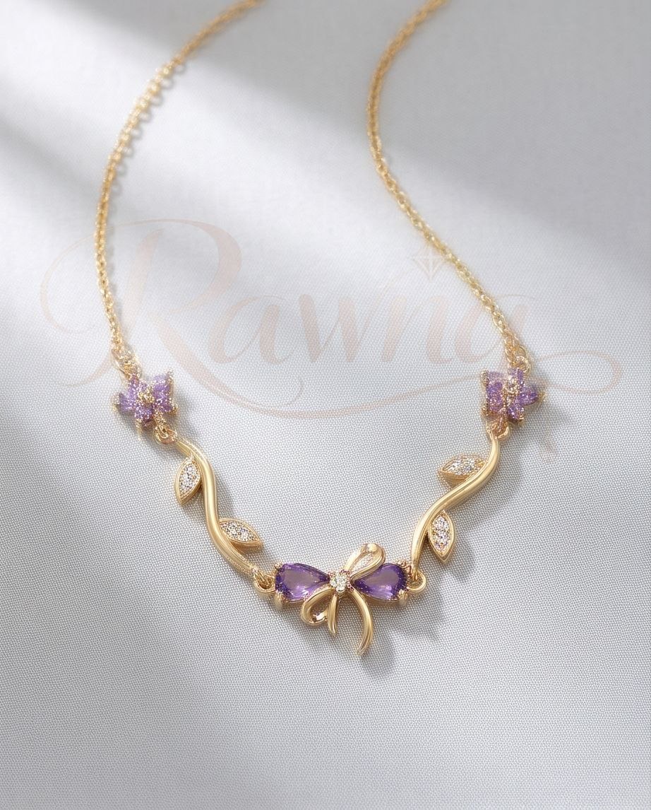 RAWNQ Stainless Steel Floral Bow Necklace–Purple Crystal Ribbon