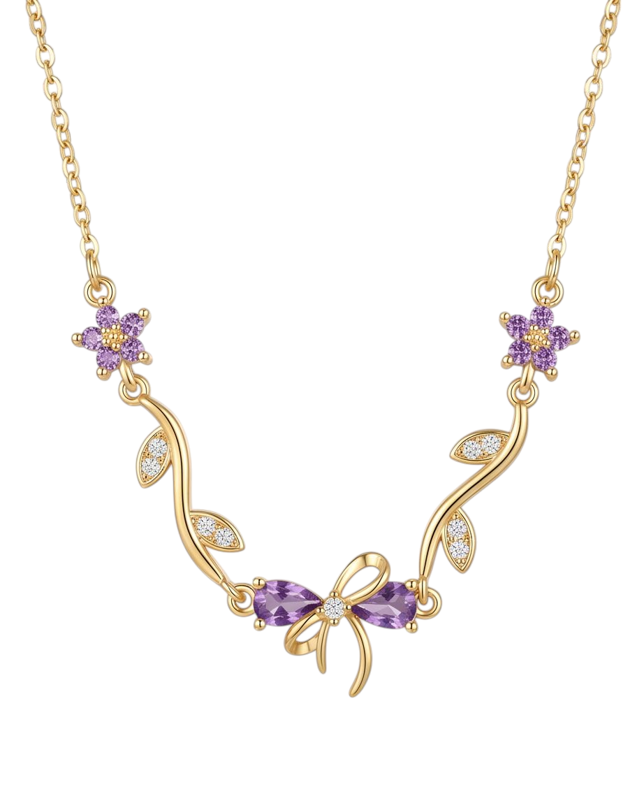 RAWNQ Stainless Steel Floral Bow Necklace–Purple Crystal Ribbon