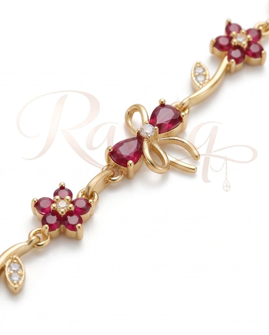 RAWNQ Stainless Steel Floral Bow Bracelet for Women – Red Crystal Flower