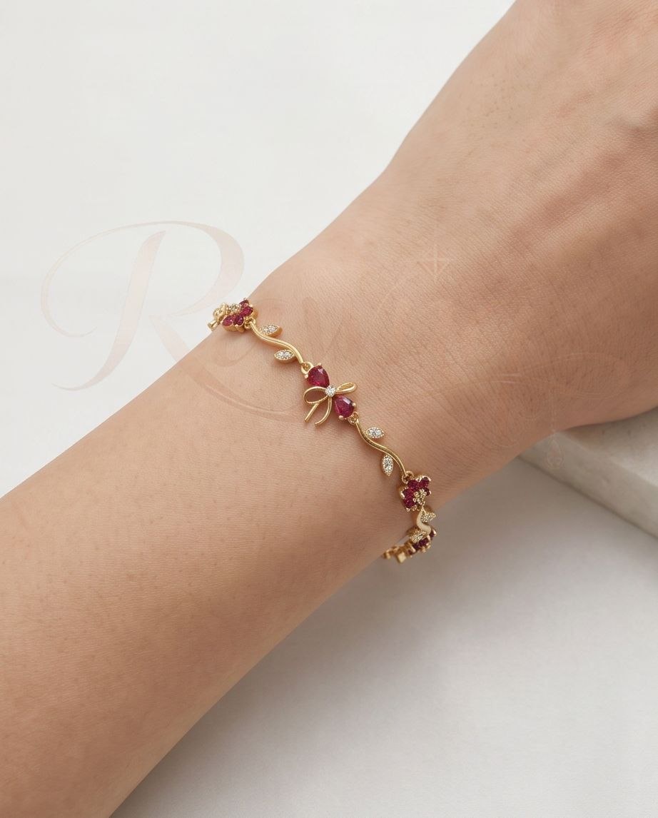 RAWNQ Stainless Steel Floral Bow Bracelet for Women – Red Crystal Flower