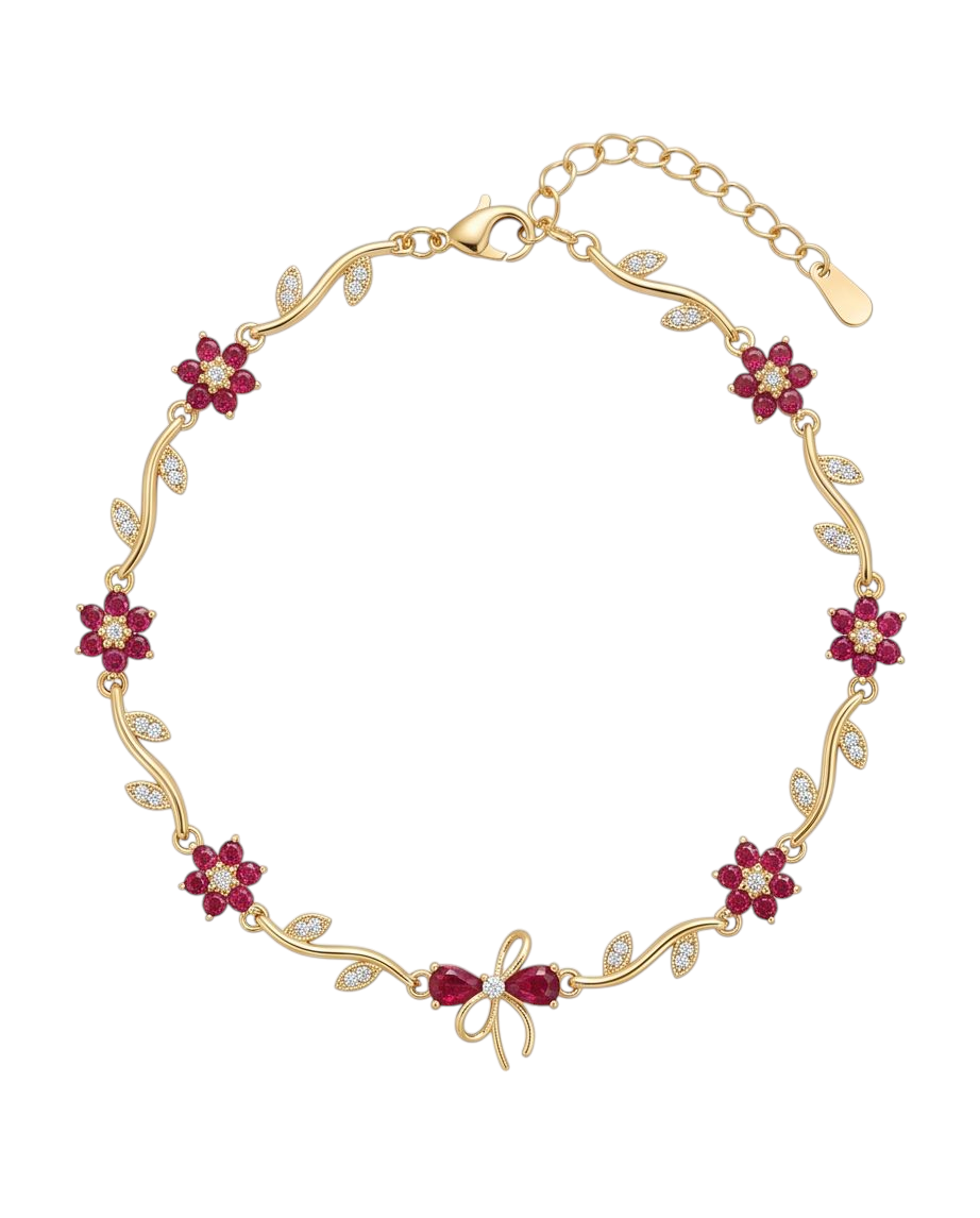 RAWNQ Stainless Steel Floral Bow Bracelet for Women – Red Crystal Flower