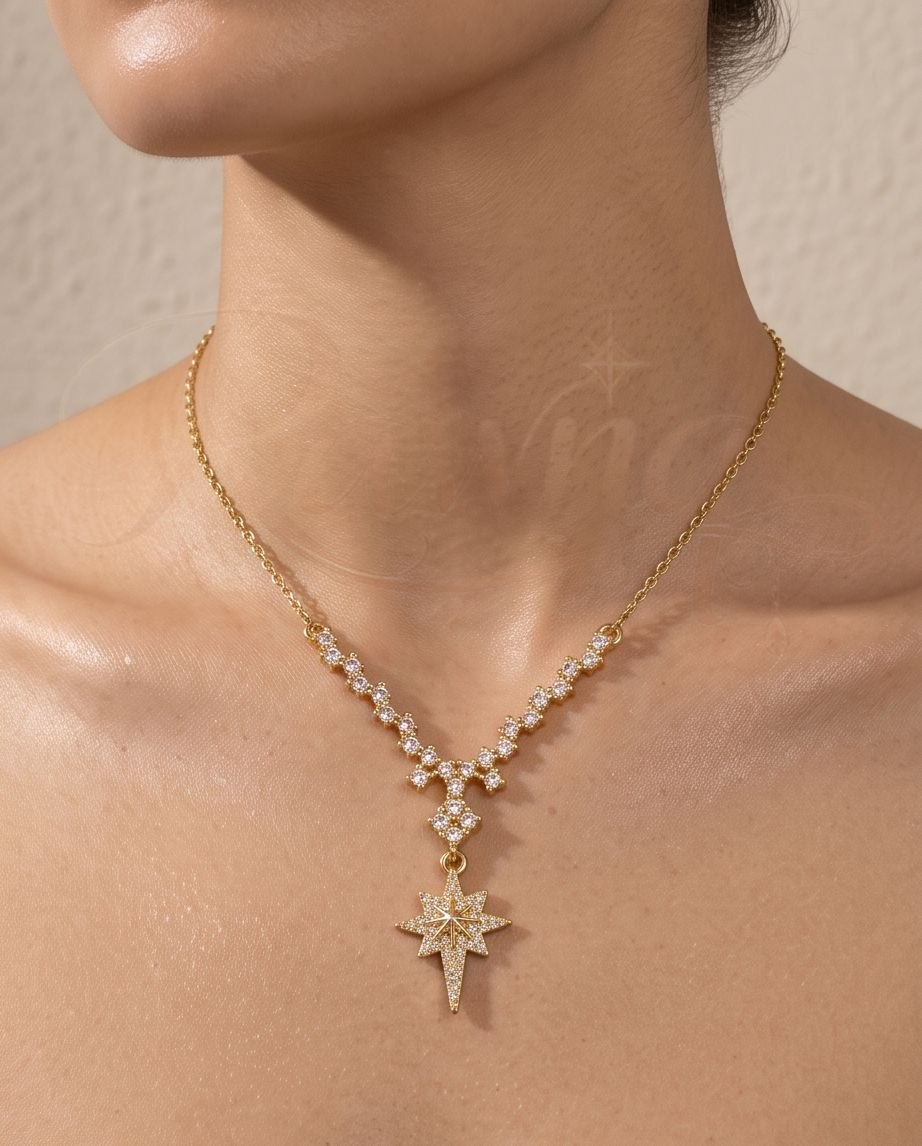 Title RAWNQ Stainless Steel North Star Necklace for Women – Cubic Zirconia Pave