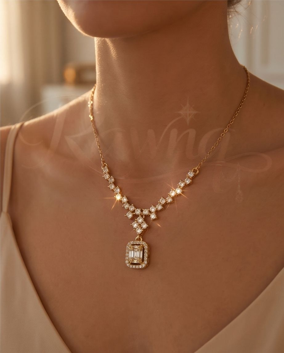 RAWNQ Stainless Steel Emerald Cut Crystal Necklace for Women