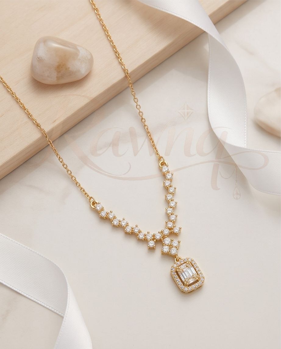 RAWNQ Stainless Steel Emerald Cut Crystal Necklace for Women