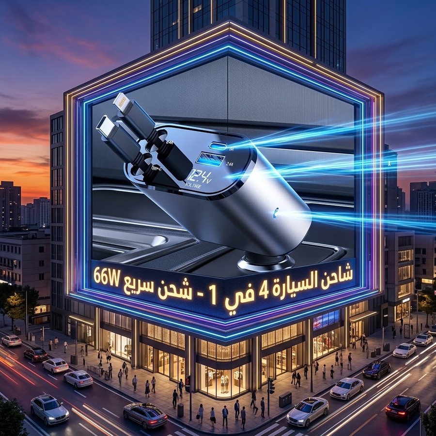 شاحن سيارة سريع 4 في 1 بقوة 66 واط مع كابلات قابلة للسحب واتجاه قابل للتعديل