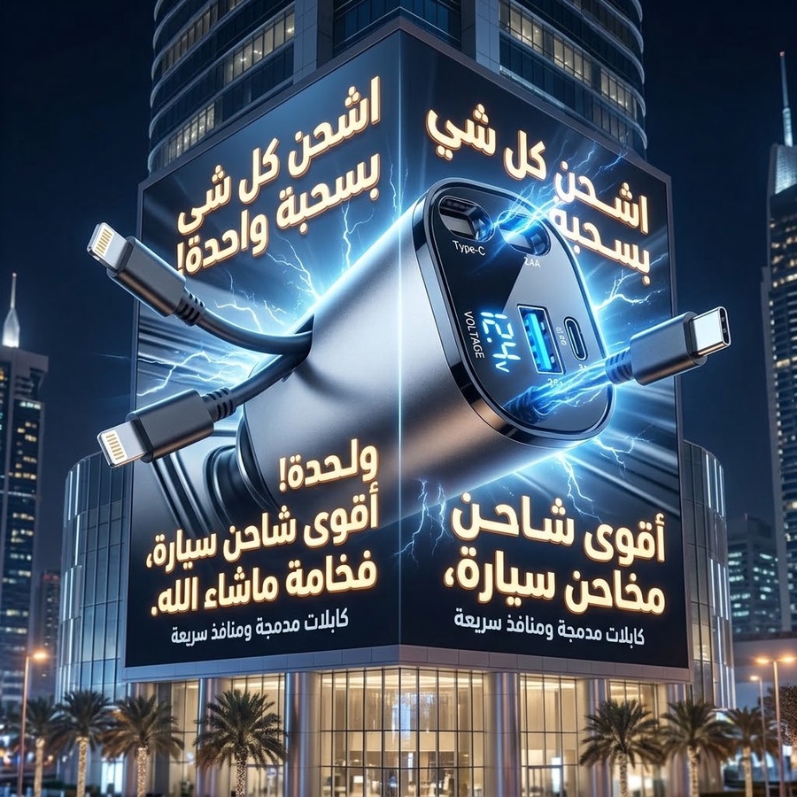شاحن سيارة سريع 4 في 1 بقوة 66 واط مع كابلات قابلة للسحب واتجاه قابل للتعديل