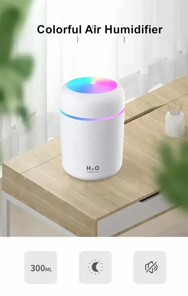 فواحة عطرية ومرطب جو H2O ذكي يعمل بشحن USB مع إضاءة LED ملونة وناسة