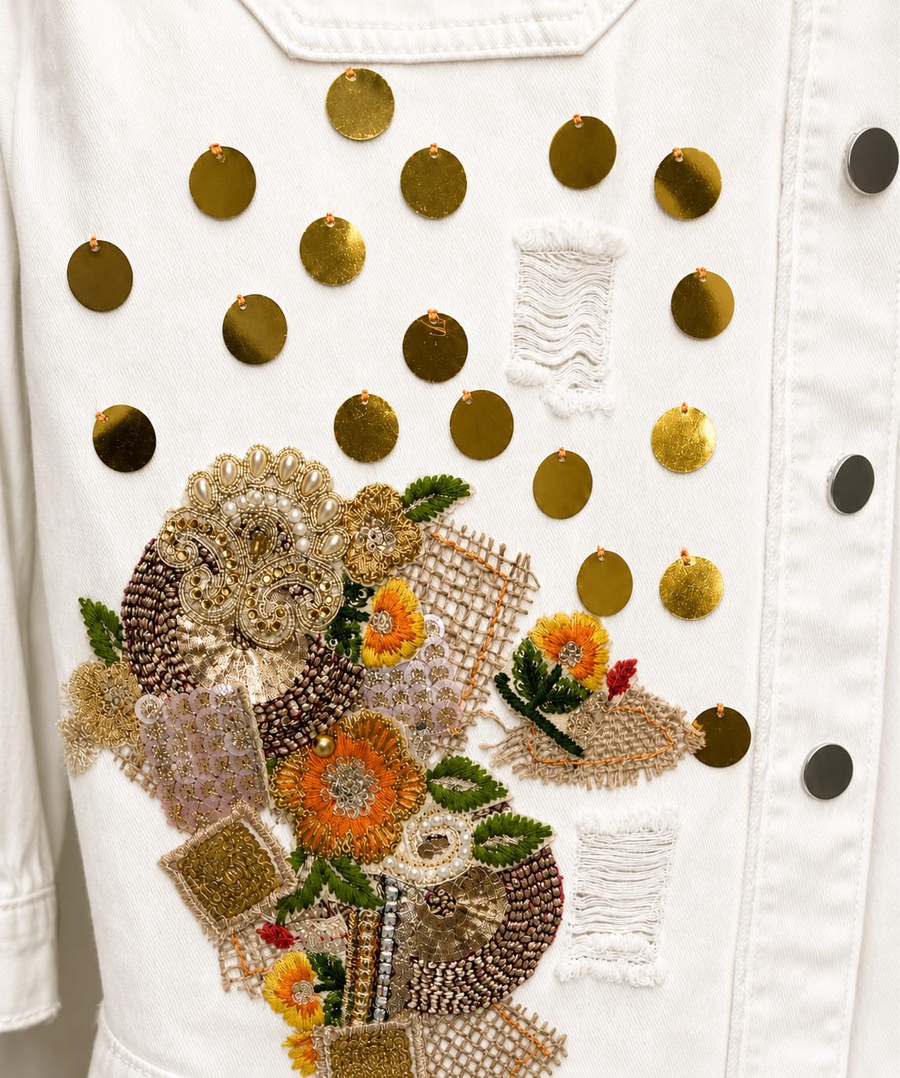 Embroidered White Denim Jacket with Handcrafted Beadwork & Sequin Details