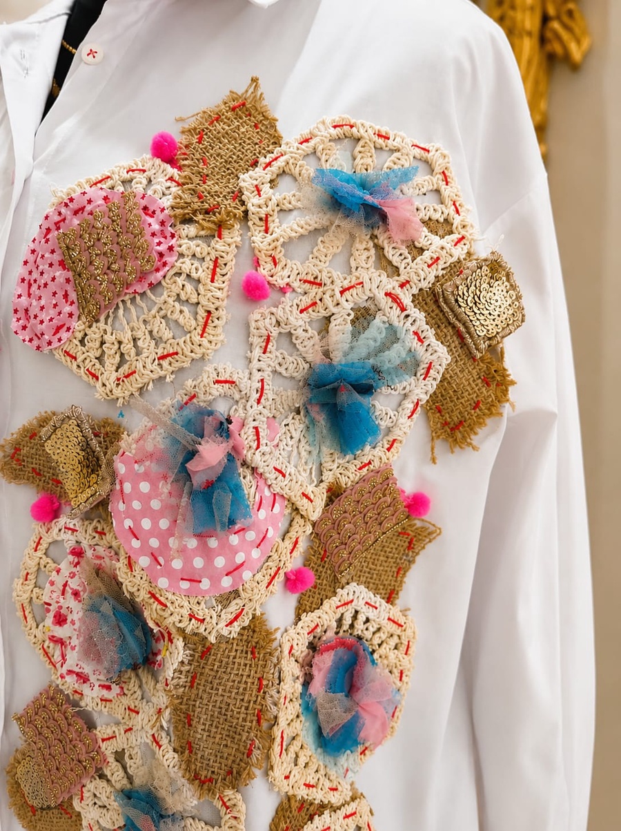 Handcrafted Embellished White Shirt with Crochet, Burlap & Sequin Details