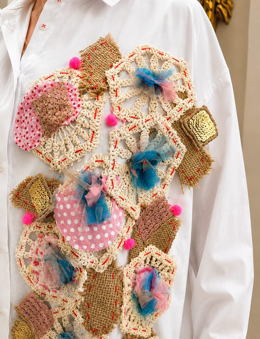 Handcrafted Embellished White Shirt with Crochet, Burlap & Sequin Details
