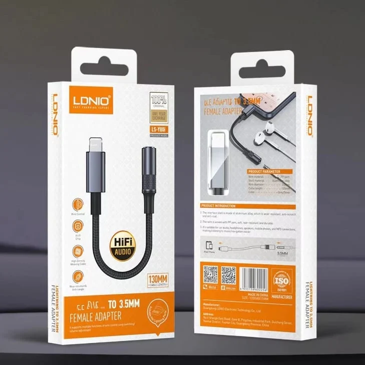 لادنيو كونفيرتر أدبتور (لايتينج تو 3.5 مليميتر فيميل أدبتور)- LDNIO Converter Adapter (Lightning To 3.5 MM Female Adapter) (130mm) LS-Y80i