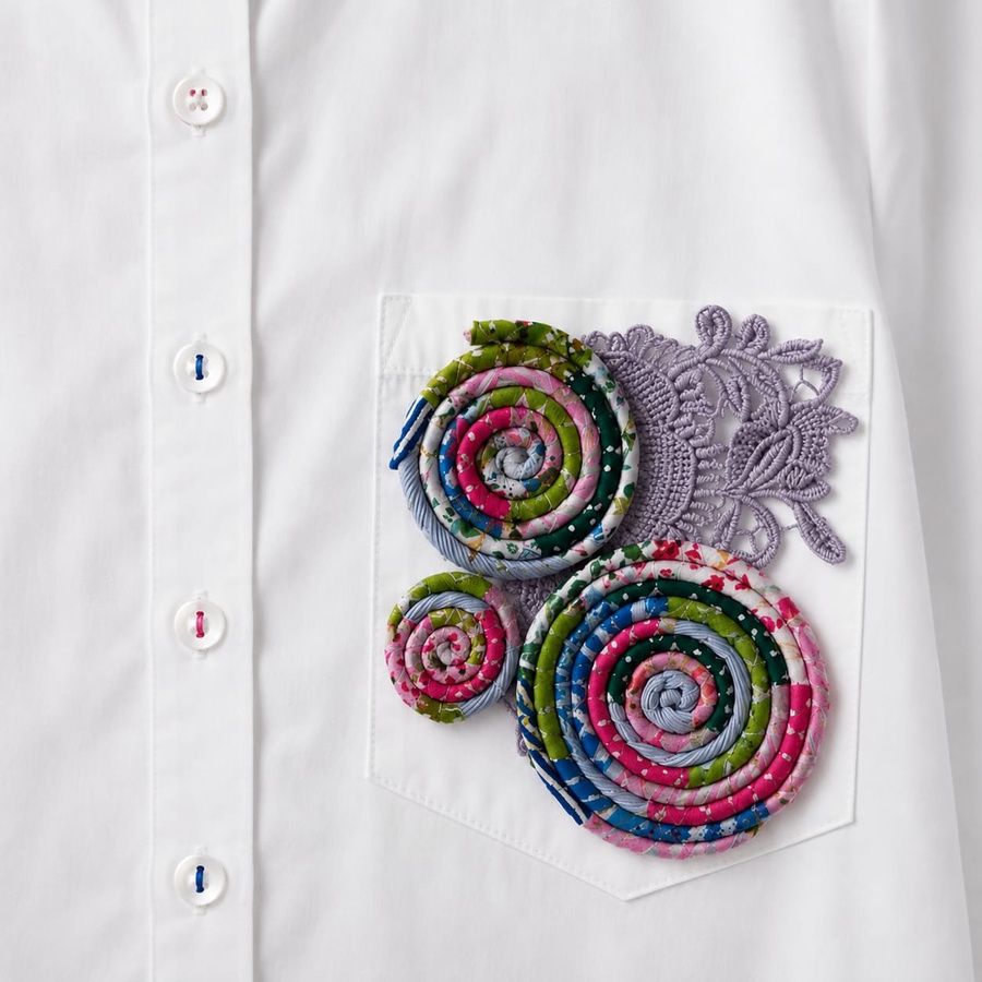 White 3/4 Sleeve Shirt with Colorful Handcrafted Pocket Details