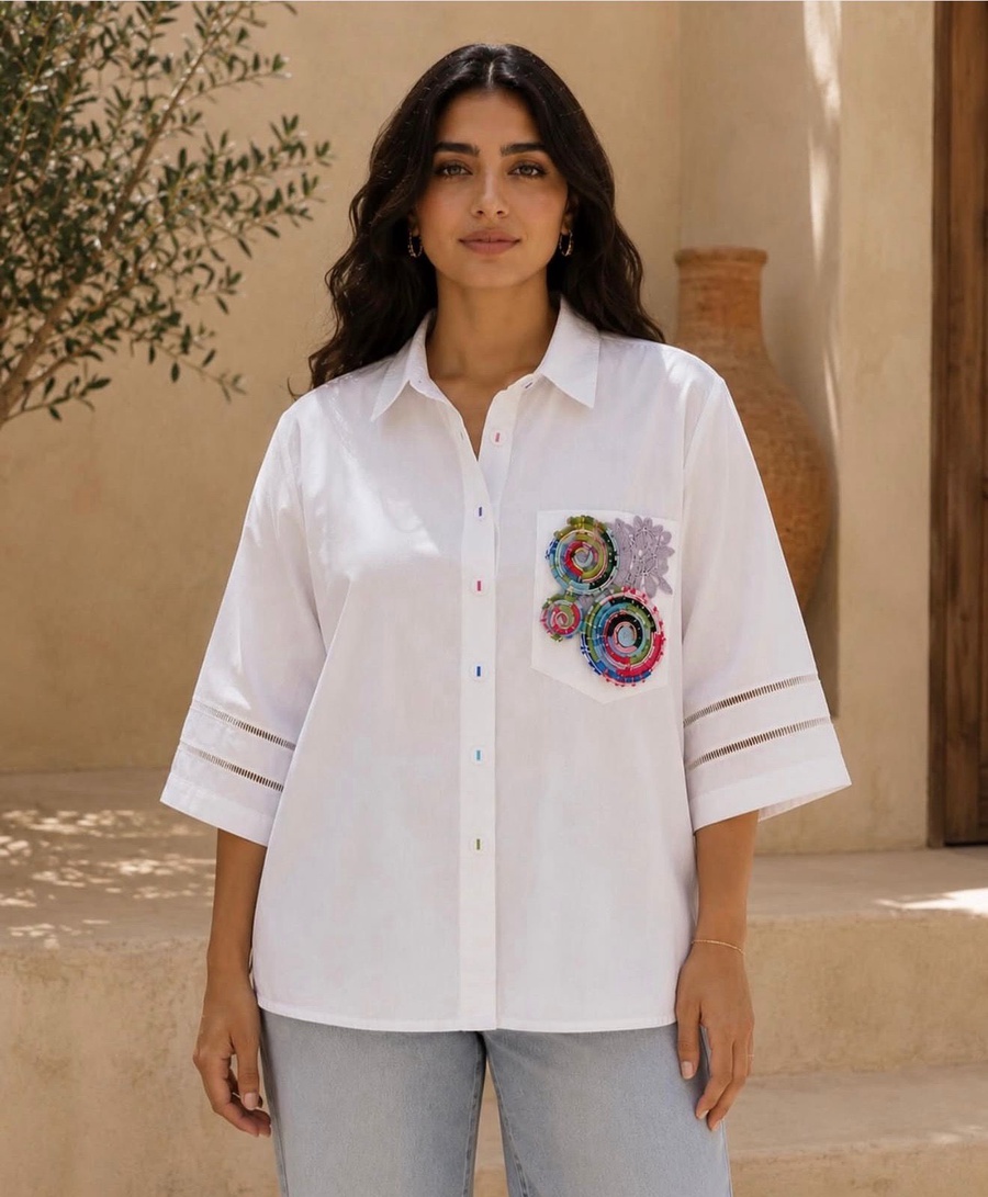 White 3/4 Sleeve Shirt with Colorful Handcrafted Pocket Details