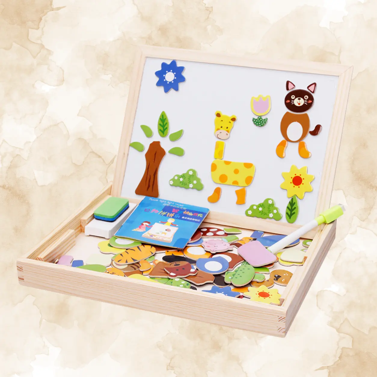 بازل حيوانات مغناطيسي خشب مع سبورة سوداء | Wooden Magnetic Animal Puzzle & Blackboard