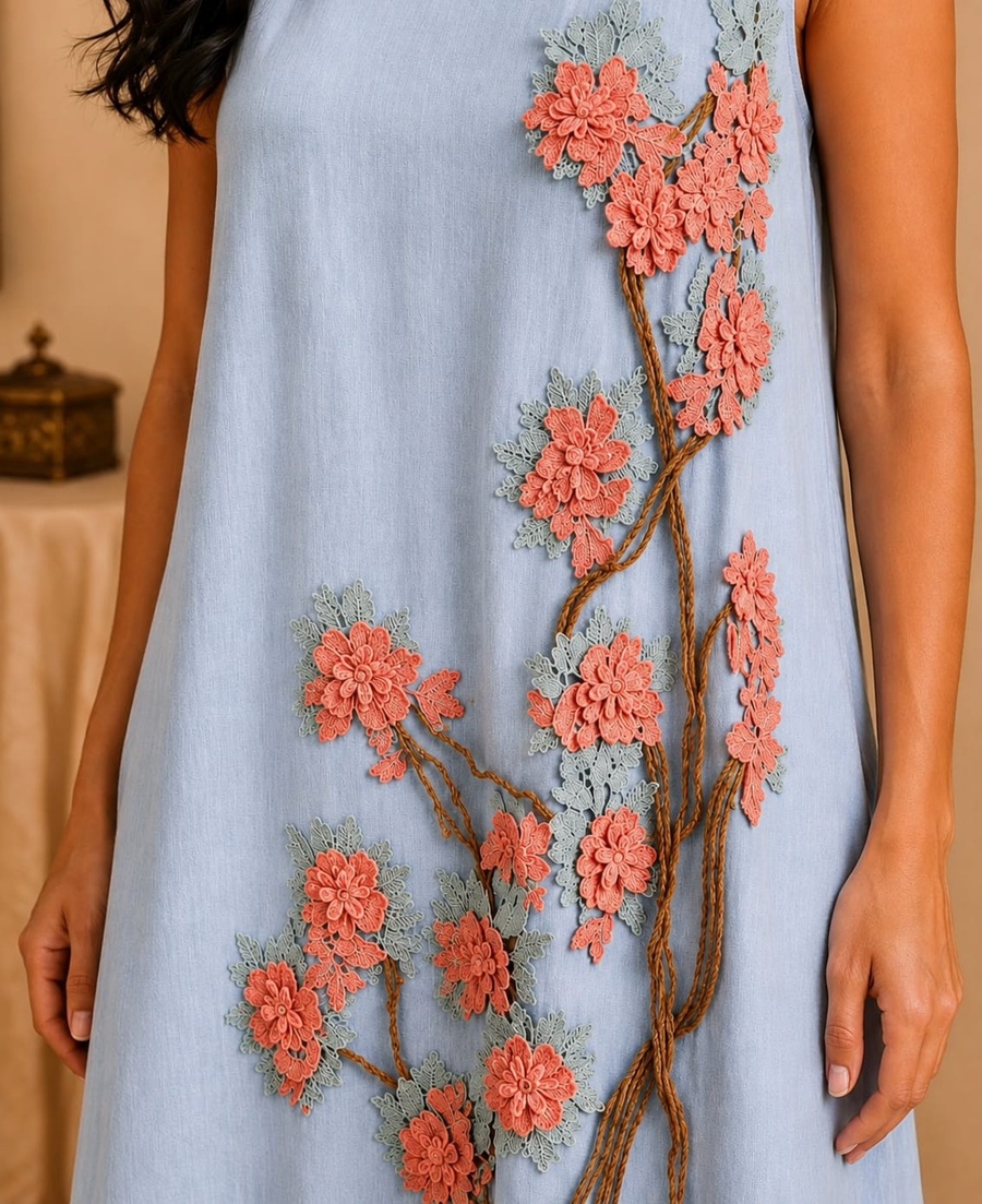 Celeste Light Blue Linen Maxi Dress – 3D Floral Appliqué